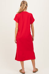 Red Pocket Front Maternity Midi T-Shirt Dress