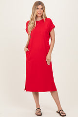 Red Pocket Front Midi T-Shirt Dress