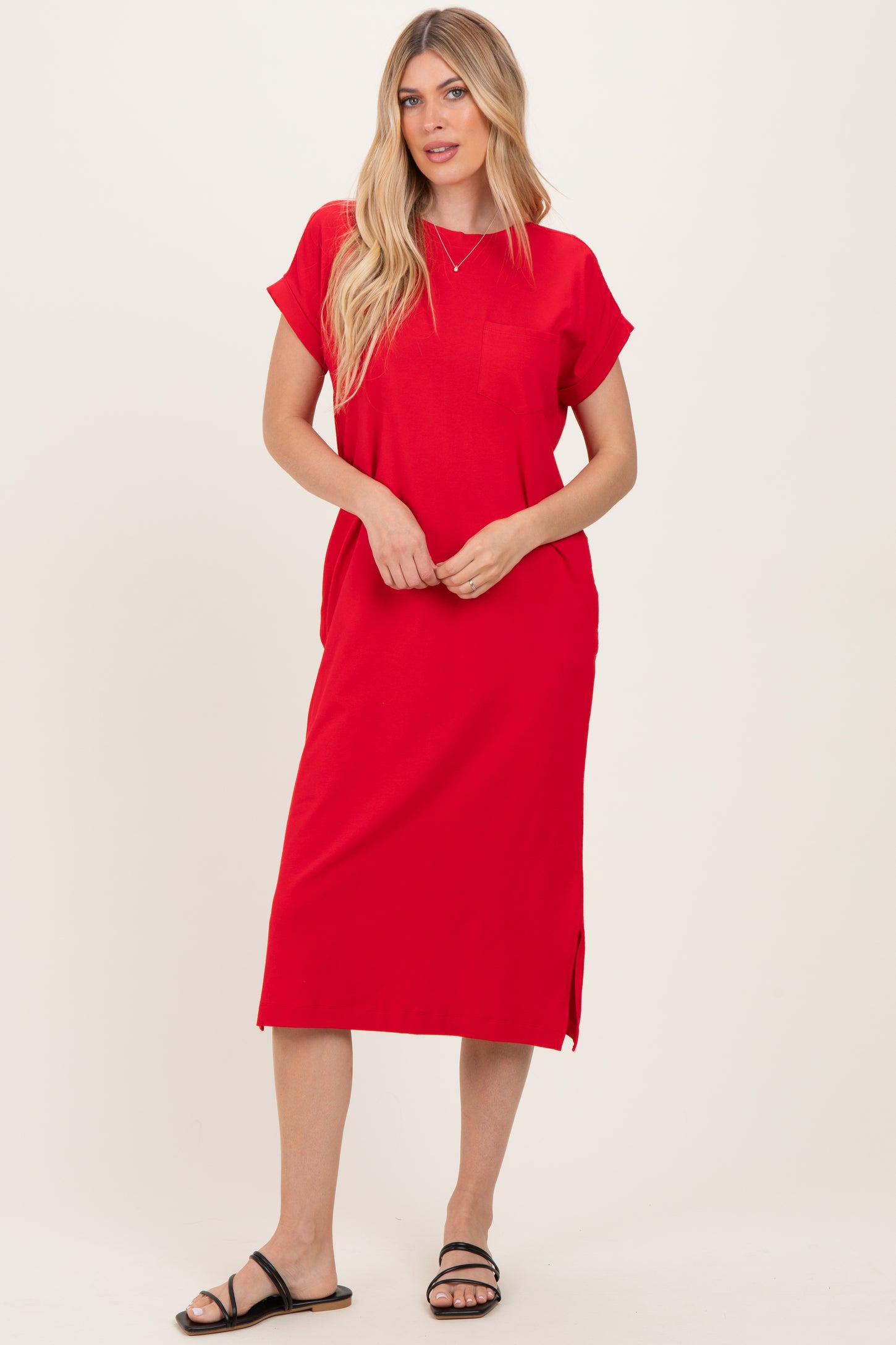 Red Pocket Front Midi T-Shirt Dress