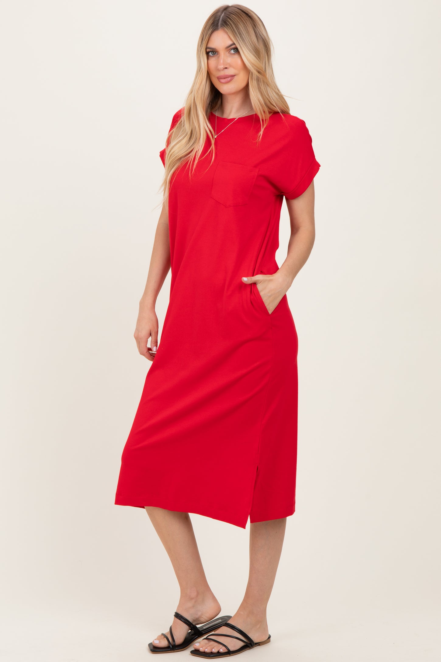 Red Pocket Front Midi T-Shirt Dress