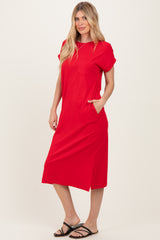 Red Pocket Front Midi T-Shirt Dress