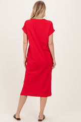 Red Pocket Front Midi T-Shirt Dress