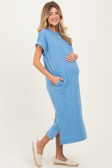 Dusty Blue Pocket Front Maternity Midi T-Shirt Dress