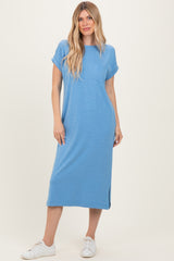 Dusty Blue Pocket Front Maternity Midi T-Shirt Dress