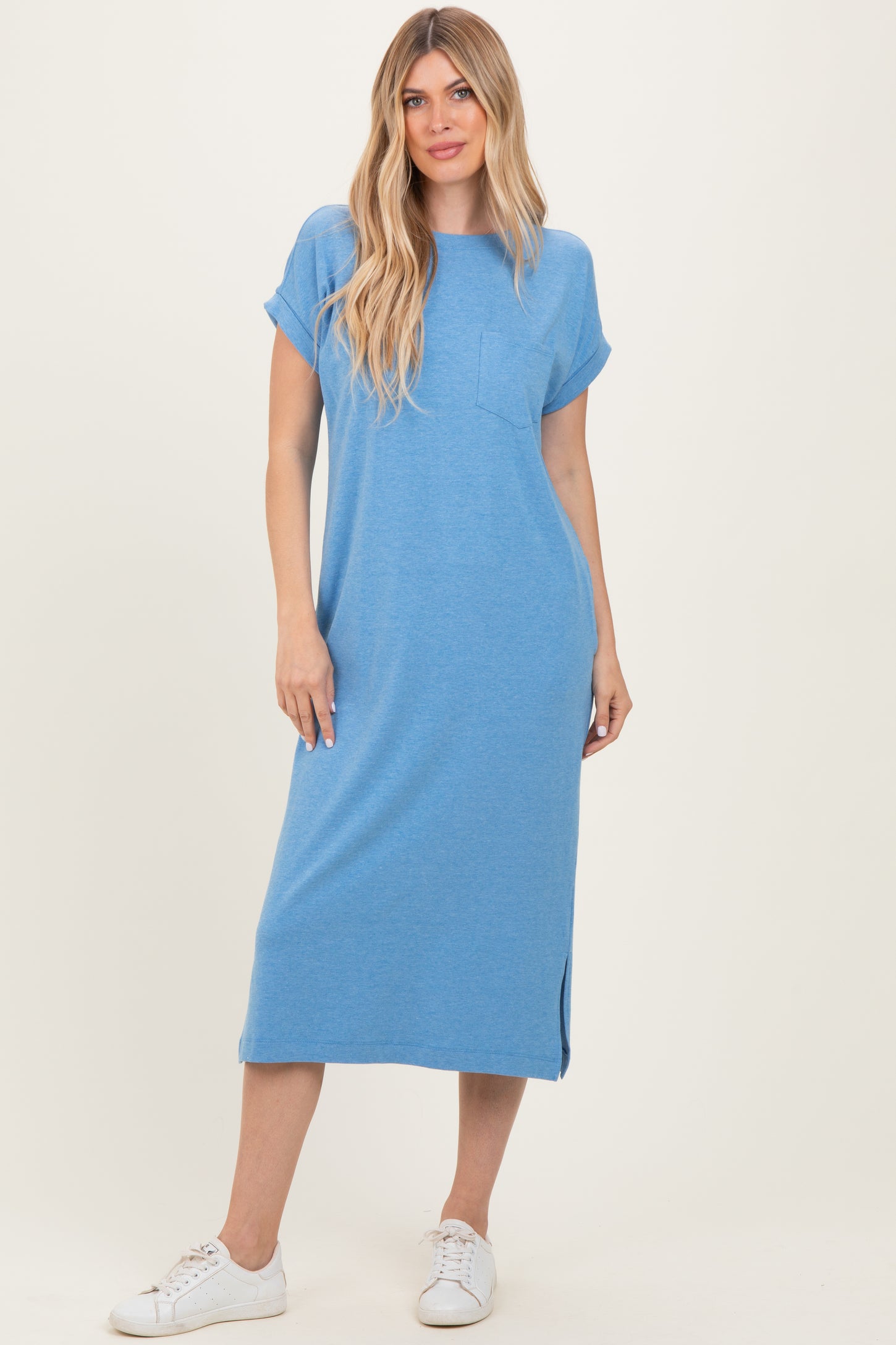 Dusty Blue Pocket Front Midi T-Shirt Dress