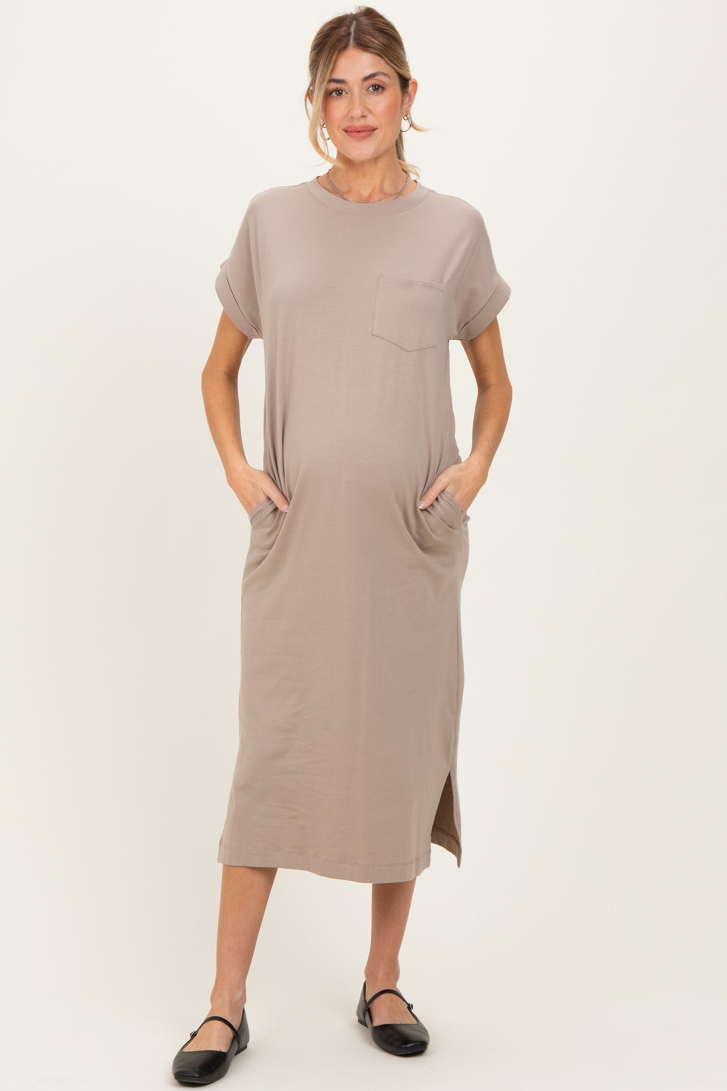 Beige Pocket Front Maternity Midi T-Shirt Dress