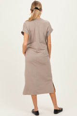 Beige Pocket Front Maternity Midi T-Shirt Dress