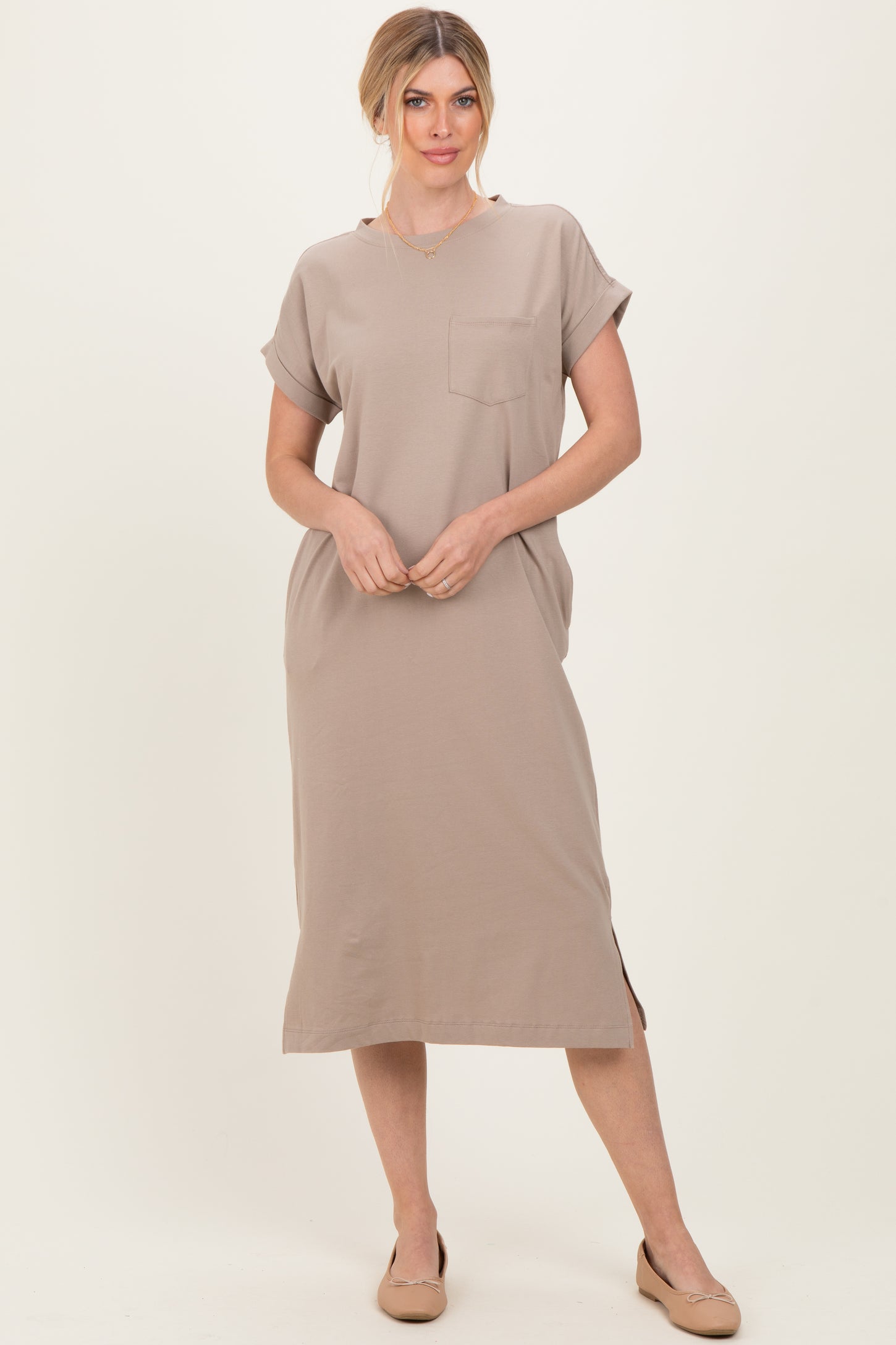 Beige Pocket Front Midi T-Shirt Dress