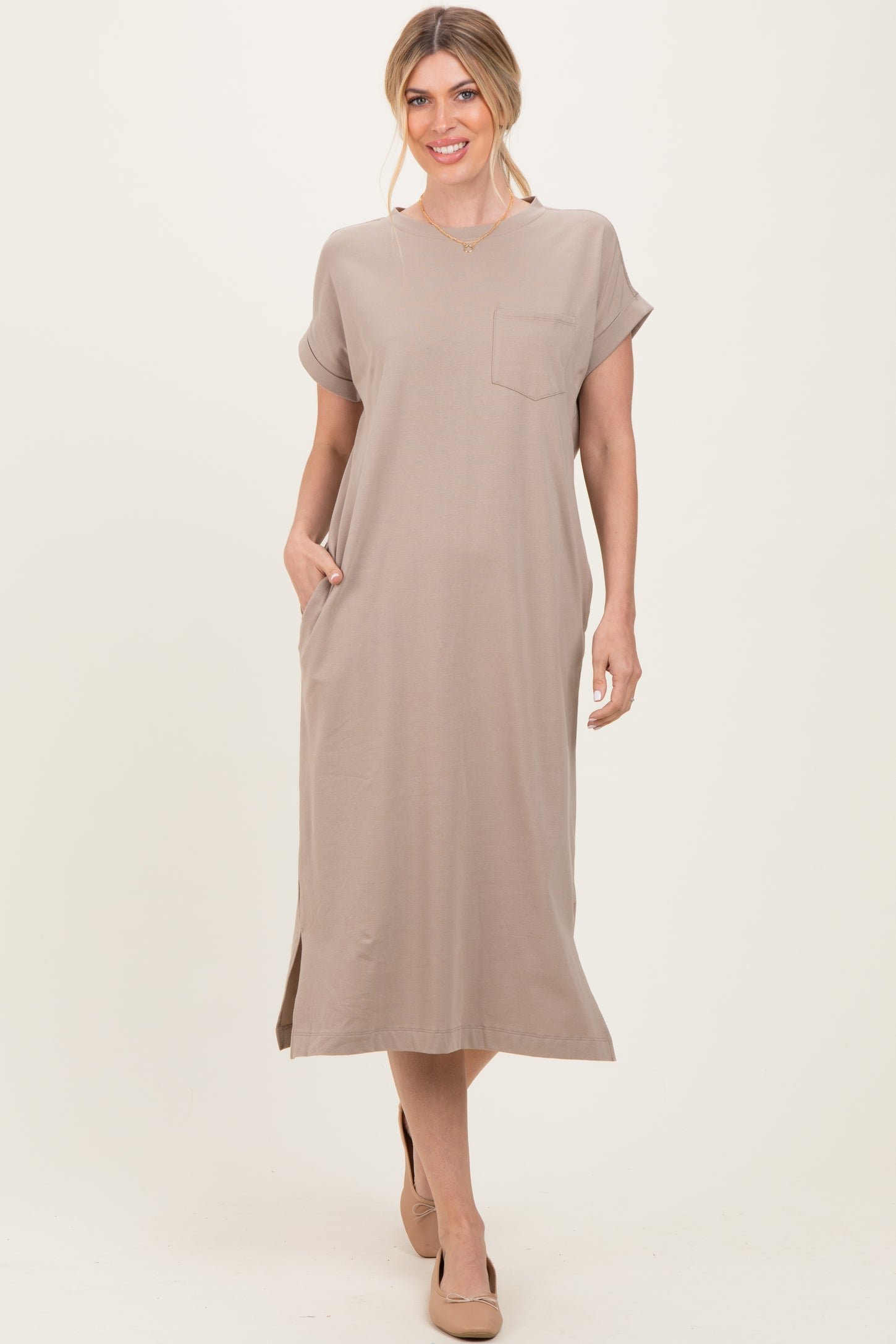 Beige Pocket Front Midi T-Shirt Dress