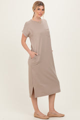 Beige Pocket Front Midi T-Shirt Dress