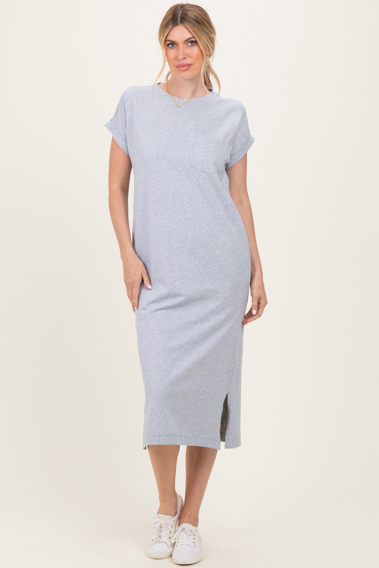 Heather Grey Pocket Front Maternity Midi T-Shirt Dress