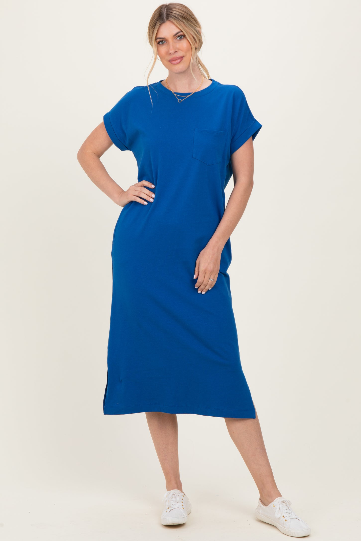 Royal Blue Pocket Front Midi T-Shirt Dress