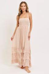 Blush Halter Smocked Ruffle Tier Hem Maxi Dress