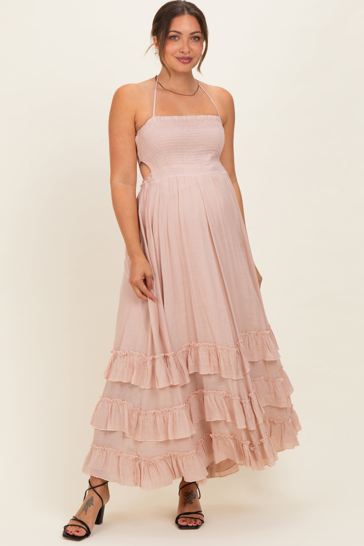 Blush Halter Smocked Ruffle Tier Hem Maternity Maxi Dress