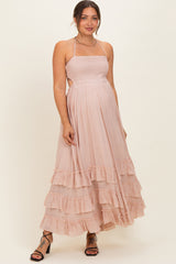 Blush Halter Smocked Ruffle Tier Hem Maternity Maxi Dress