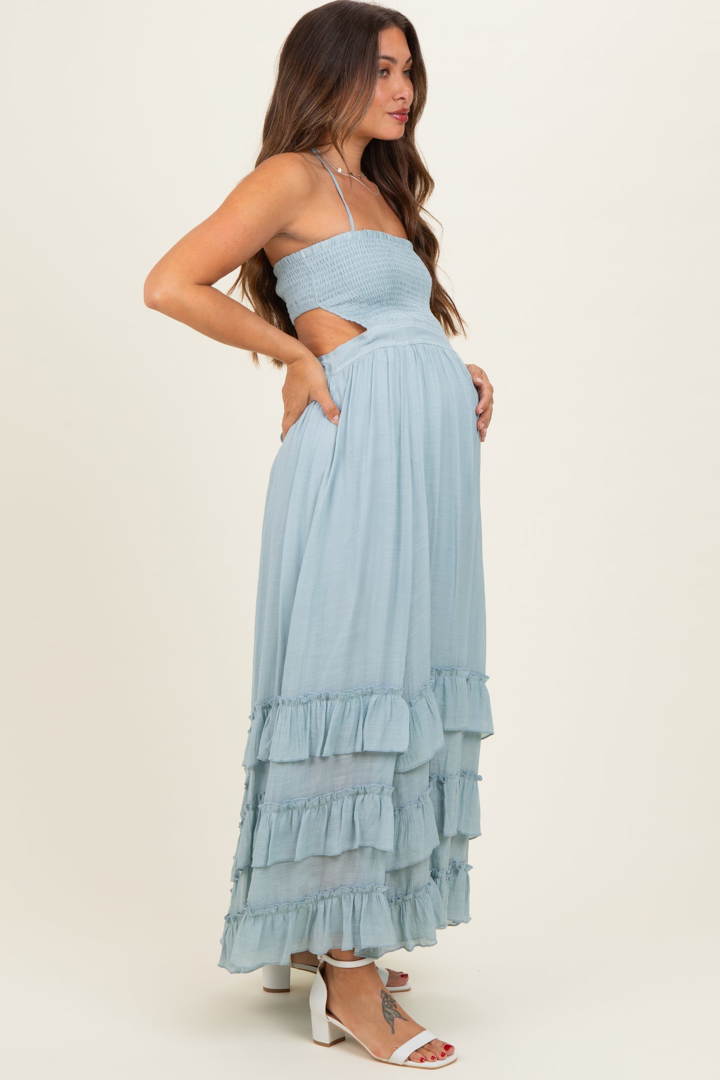 Light Blue Halter Smocked Ruffle Tier Hem Maternity Maxi Dress