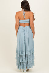 Light Blue Halter Smocked Ruffle Tier Hem Maternity Maxi Dress