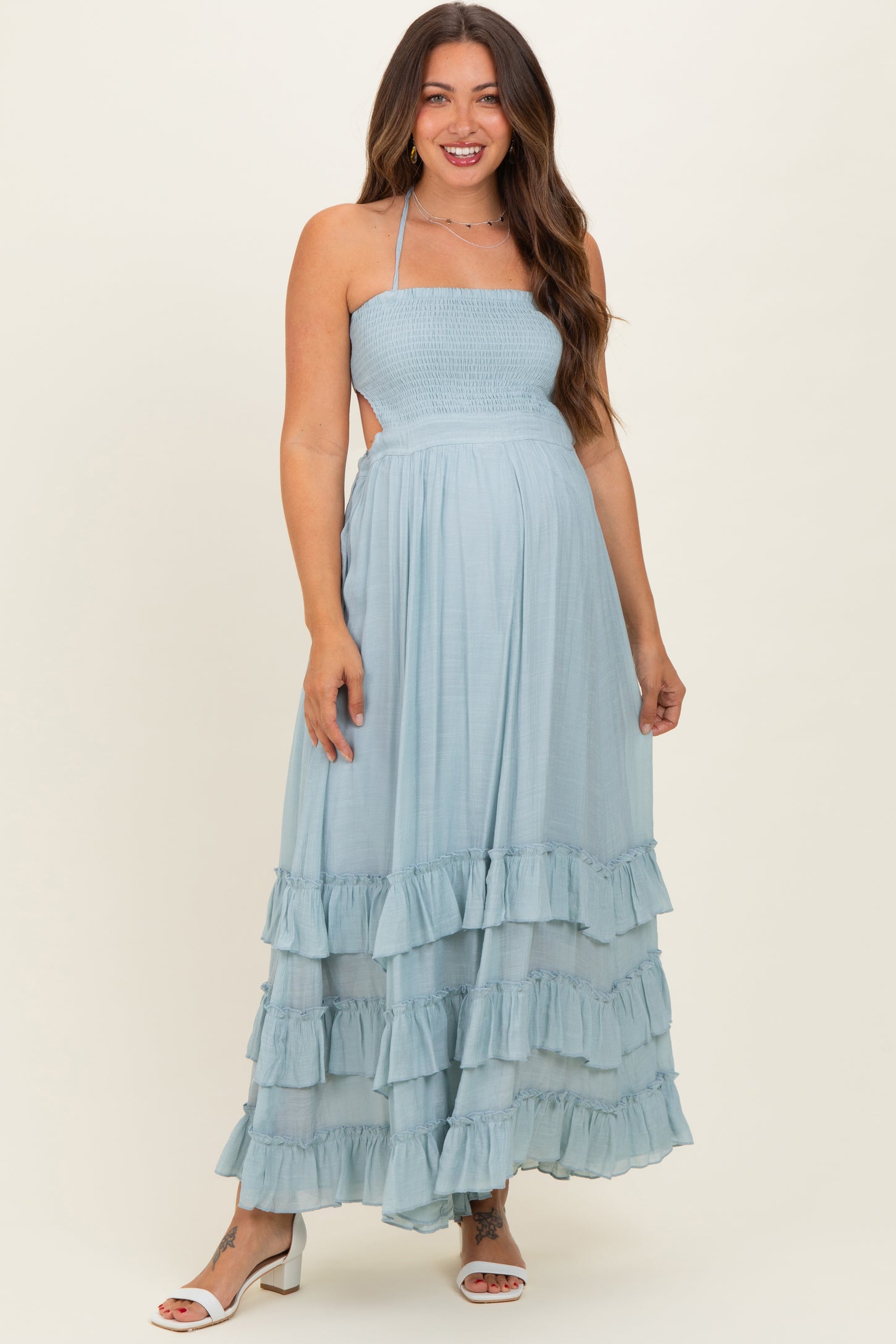 Light Blue Halter Smocked Ruffle Tier Hem Maternity Maxi Dress