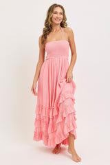 Pink Halter Smocked Ruffle Tier Hem Maxi Dress