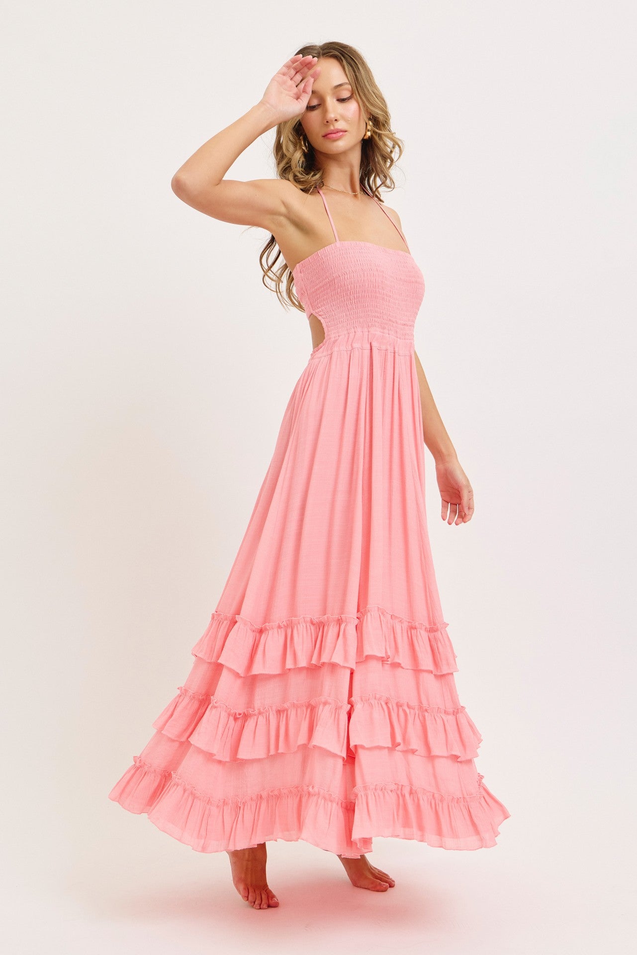 Pink Halter Smocked Ruffle Tier Hem Maxi Dress