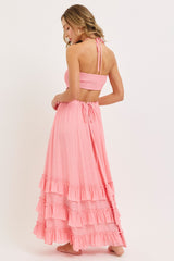 Pink Halter Smocked Ruffle Tier Hem Maxi Dress