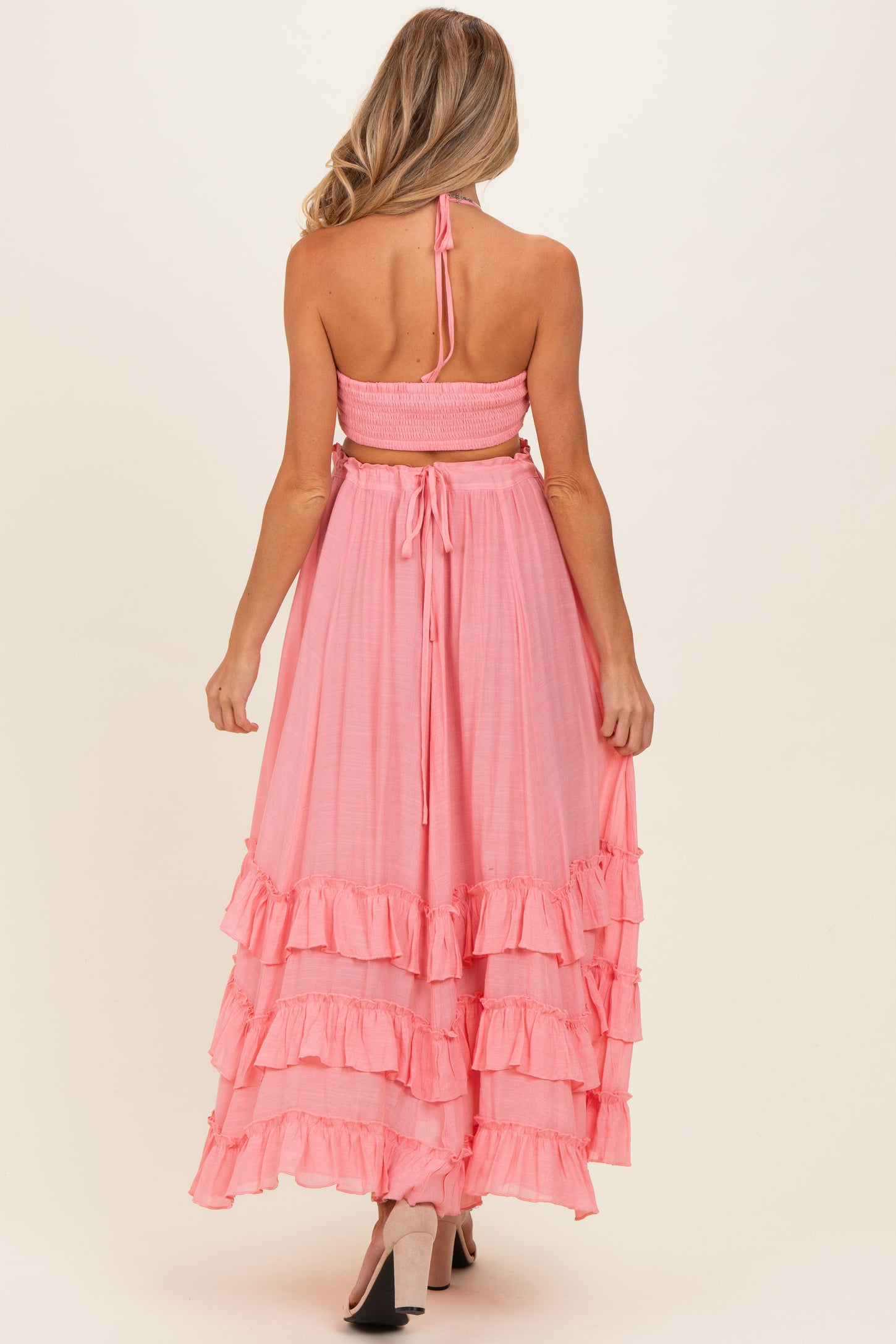 Pink Halter Smocked Ruffle Tier Hem Maternity Maxi Dress