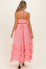 Pink Halter Smocked Ruffle Tier Hem Maternity Maxi Dress
