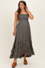 Olive Halter Smocked Ruffle Tier Hem Maternity Maxi Dress
