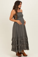 Olive Halter Smocked Ruffle Tier Hem Maternity Maxi Dress