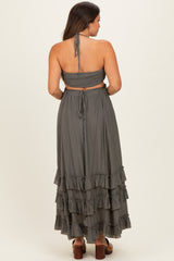 Olive Halter Smocked Ruffle Tier Hem Maternity Maxi Dress