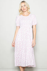 Pink Rose Floral Smocked Puff Sleeve Midi Dress