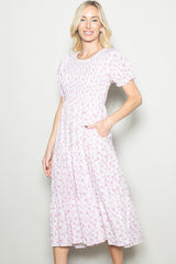 Pink Rose Floral Smocked Puff Sleeve Maternity Midi Dress