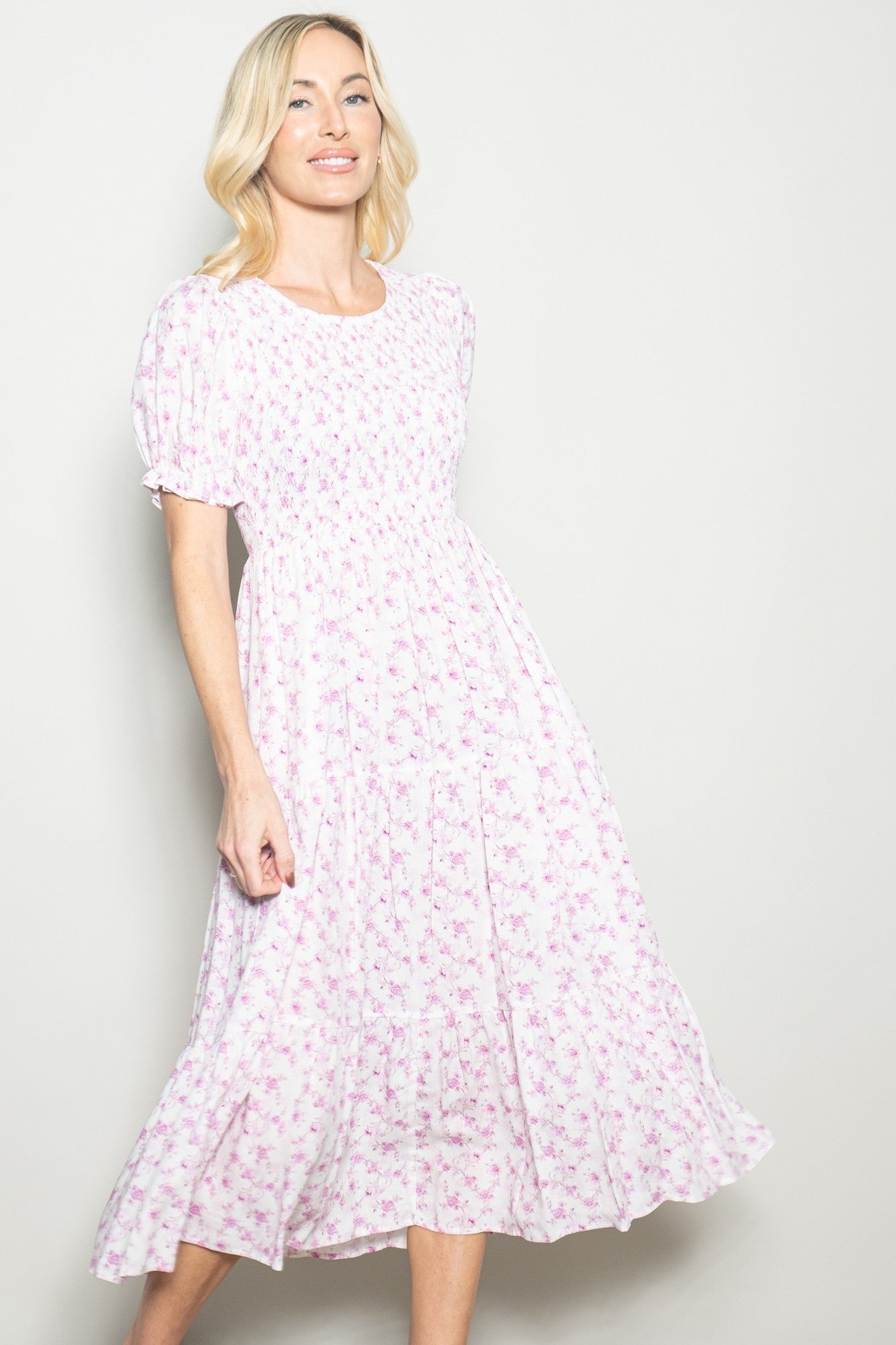 Pink Rose Floral Smocked Puff Sleeve Midi Dress