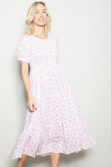 Pink Rose Floral Smocked Puff Sleeve Midi Dress