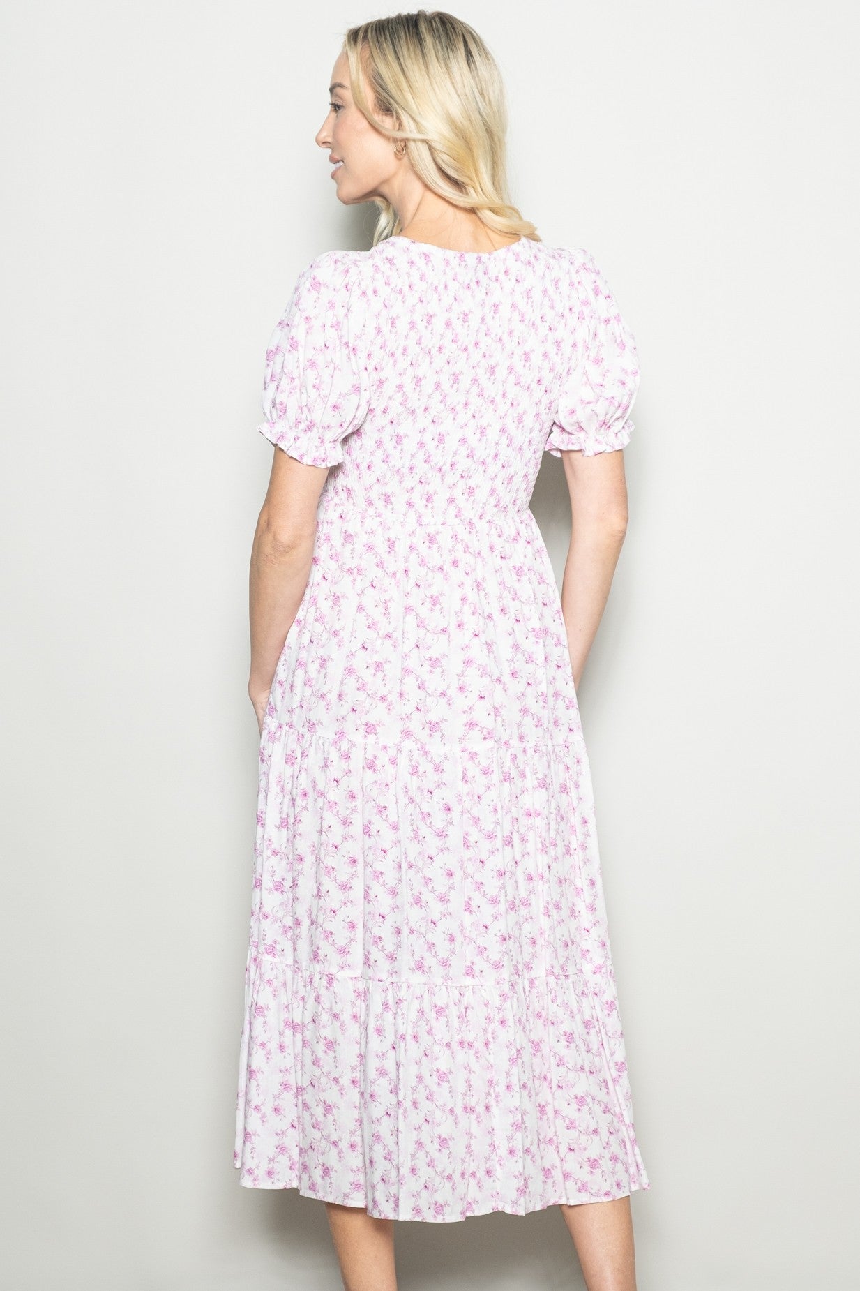 Pink Rose Floral Smocked Puff Sleeve Midi Dress