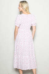Pink Rose Floral Smocked Puff Sleeve Midi Dress