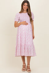 Pink Rose Floral Smocked Puff Sleeve Maternity Midi Dress