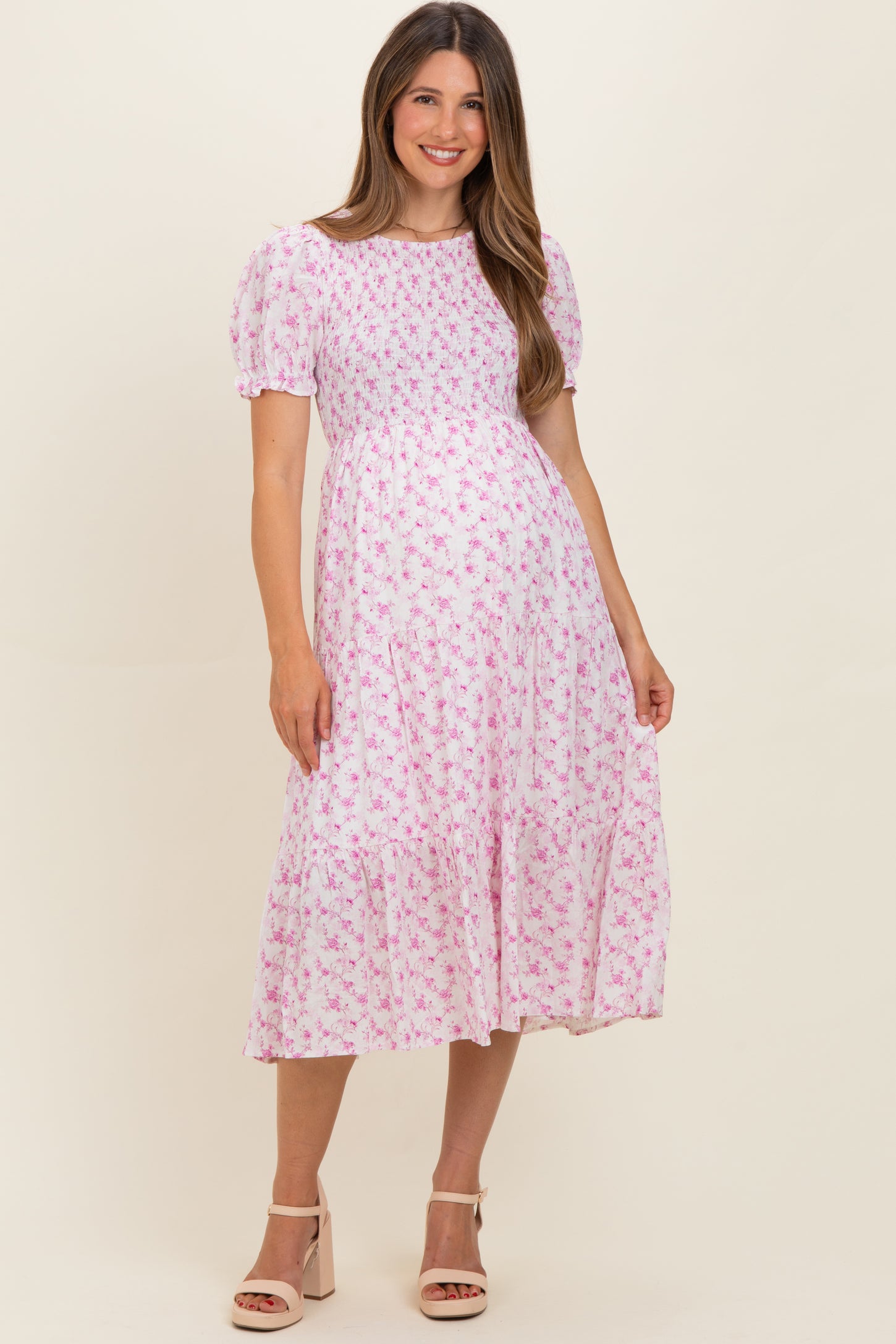 Pink Rose Floral Smocked Puff Sleeve Maternity Midi Dress
