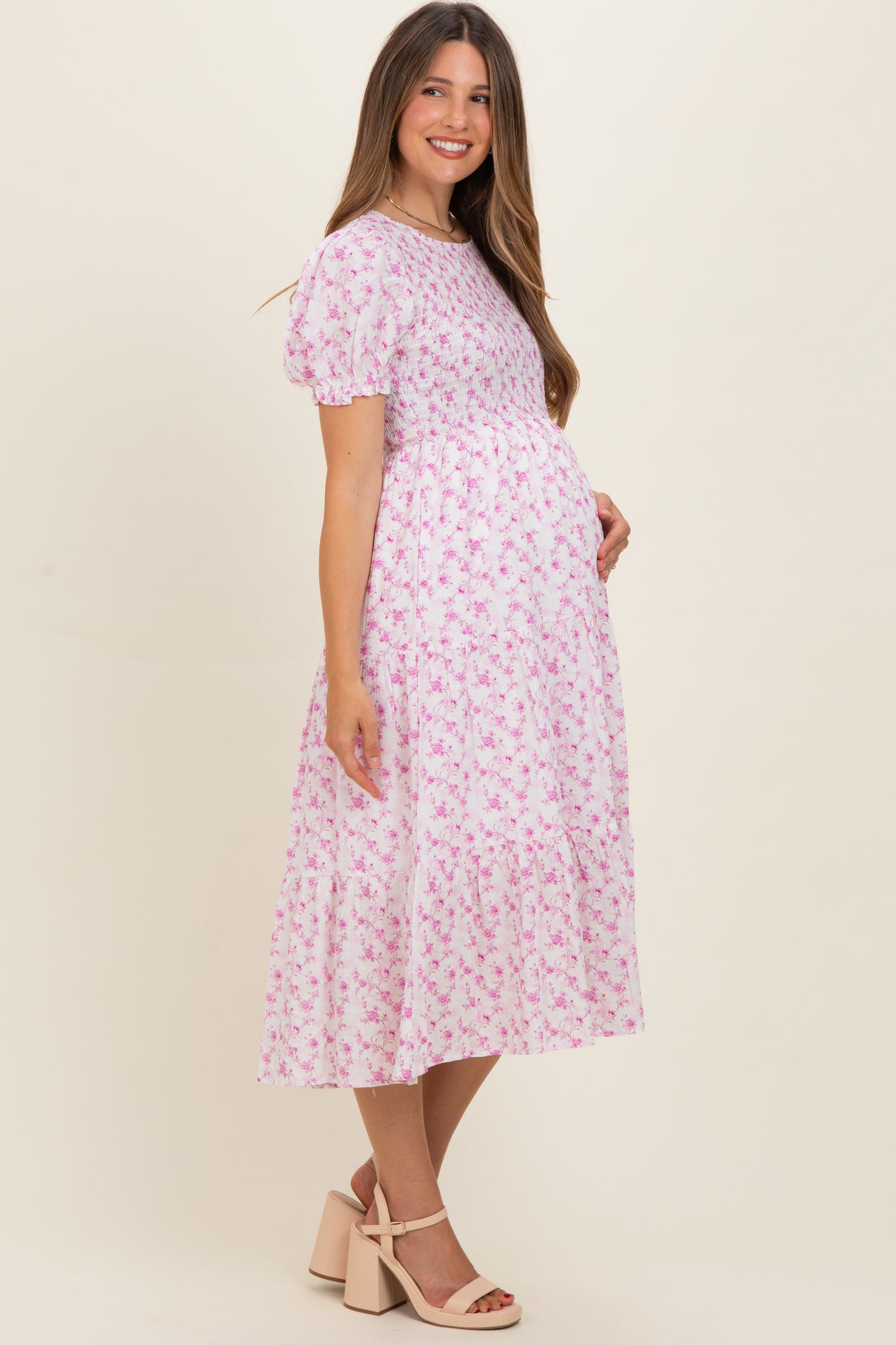 Pink Rose Floral Smocked Puff Sleeve Maternity Midi Dress