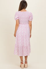 Pink Rose Floral Smocked Puff Sleeve Maternity Midi Dress