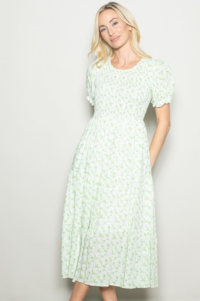 Light Green Rose Floral Smocked Puff Sleeve Maternity Midi Dress