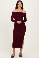 Wine Off Shoulder Ruched Side Slit Maternity Midi Dress