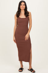 Brown Lace Trim Side Slit Maternity Tank Dress