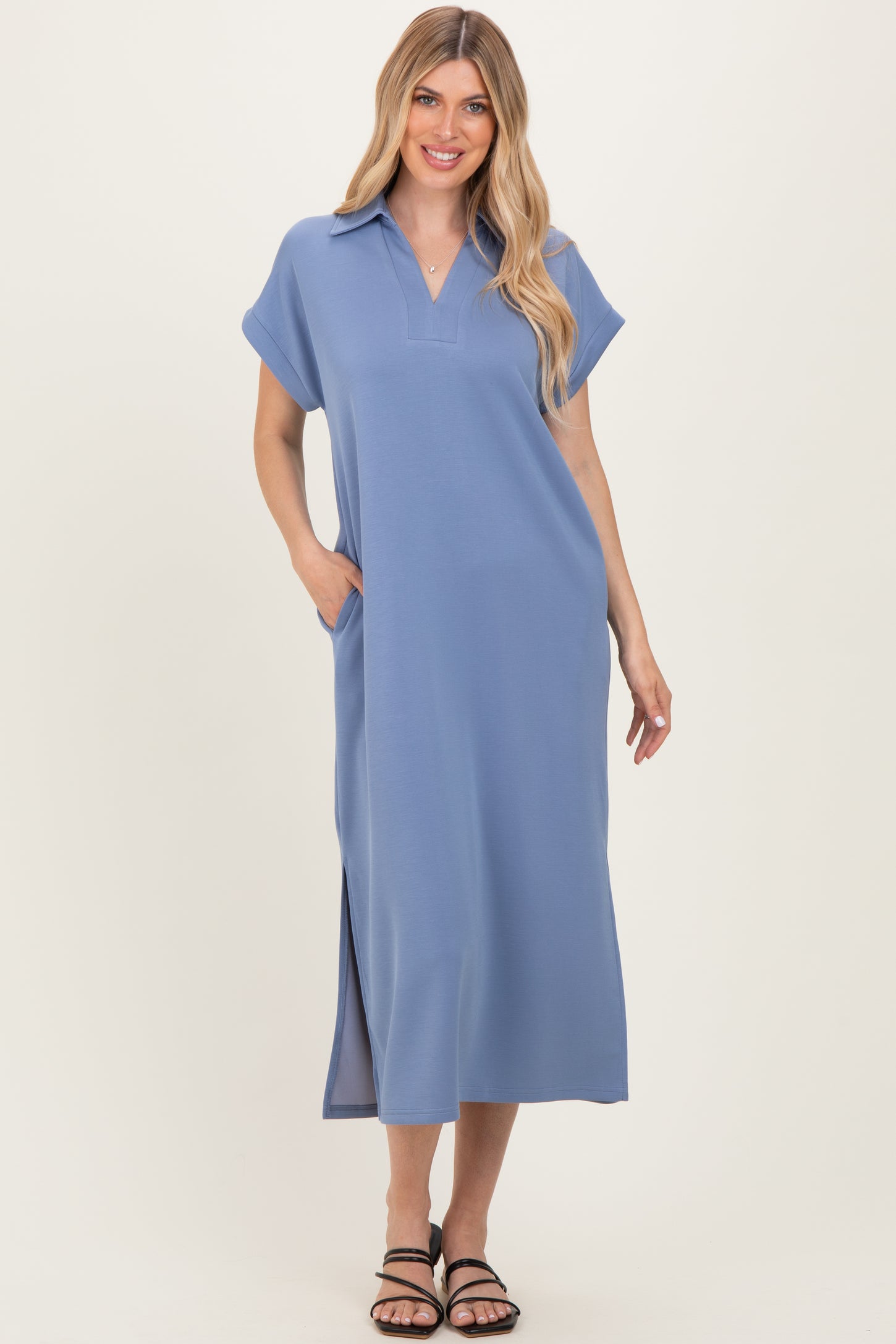 Dusty Blue Collared Short Sleeve Maternity Midi Dress