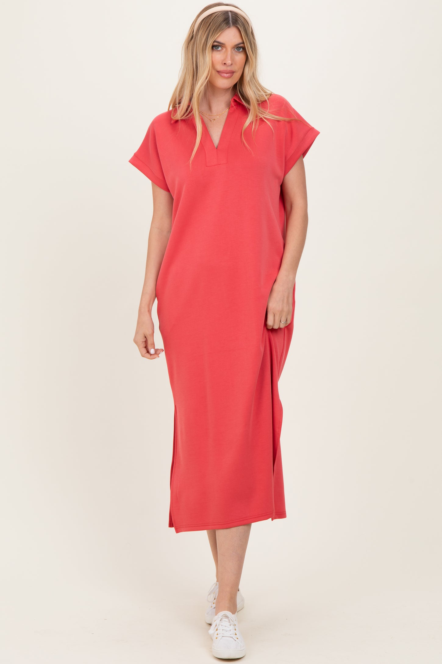 Pink Coral Collared Short Sleeve Midi Dress