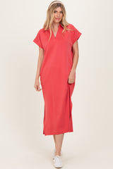 Pink Coral Collared Short Sleeve Midi Dress