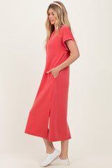 Pink Coral Collared Short Sleeve Midi Dress