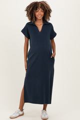 Navy Collared Short Sleeve Maternity Midi Dress