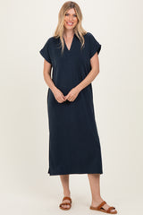 Navy Collared Short Sleeve Maternity Midi Dress