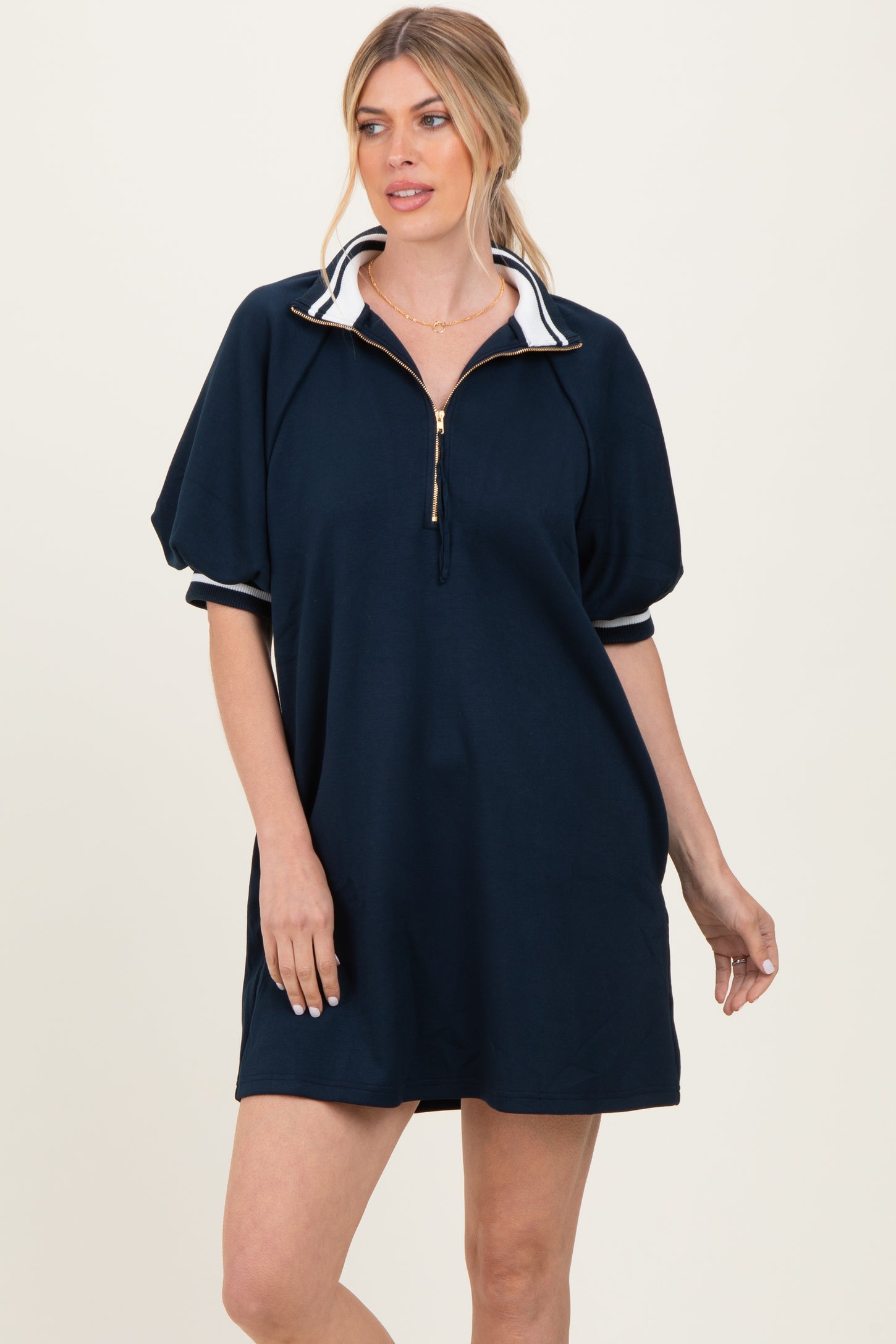 Navy Half Zip Puff Sleeve Mini Dress
